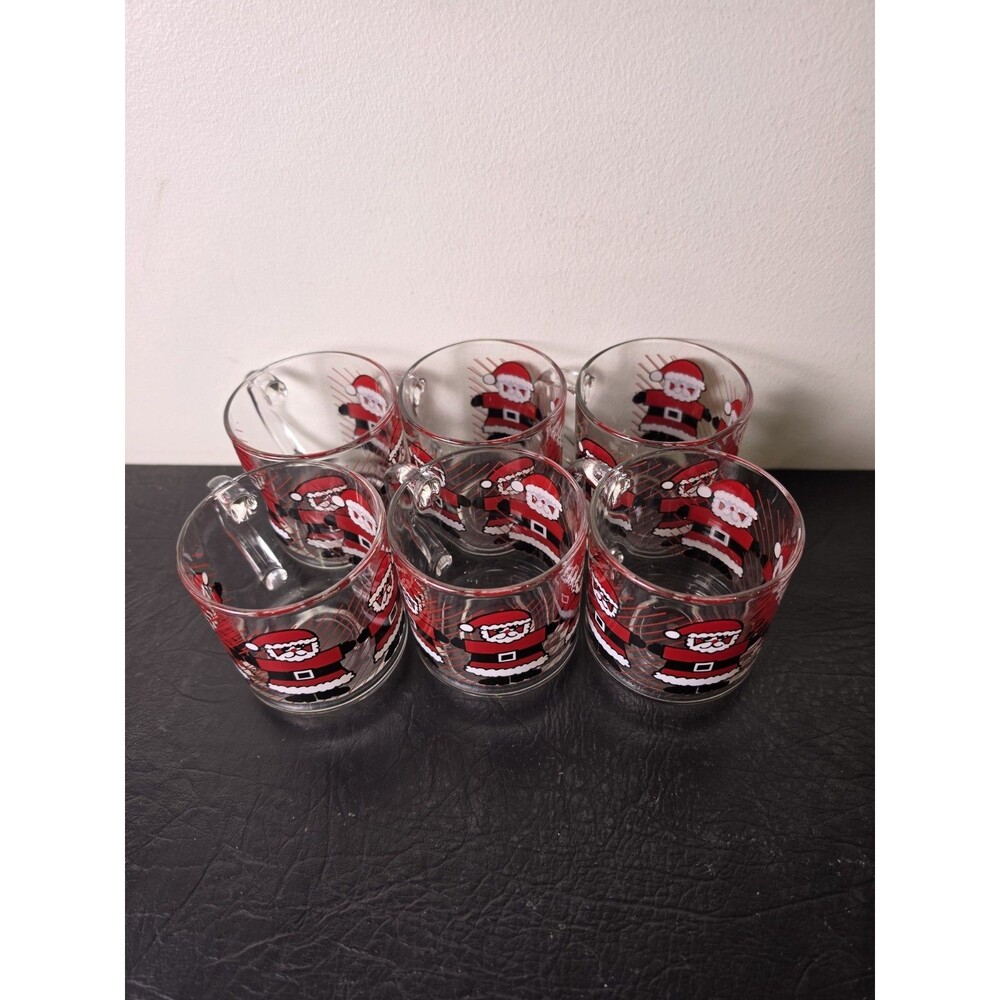 Vintage Luminarc Clear Glass Santa Claus Christmas Mug Holiday Coffee Tea Cups 6